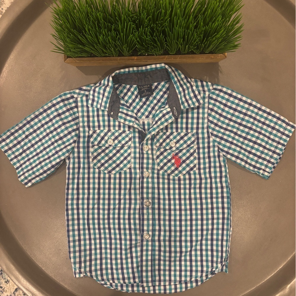 U.S Polo Assn. Size 5 Short Sleeve Button Down Shirt - Blue and Green - Picture 1 of 6